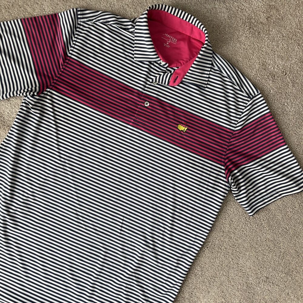 Masters Tech Polo Shirt Mens Medium Pink Blue Striped Logo Augusta Stretch Golf